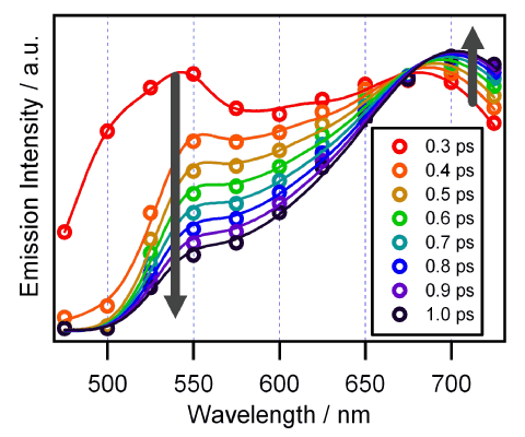 励起直後から0.3ps~1.0psにおける銅(I)ビスジメチルフェナントロリン錯体の構造変化に伴う発光スペクトルの時間変化の様子